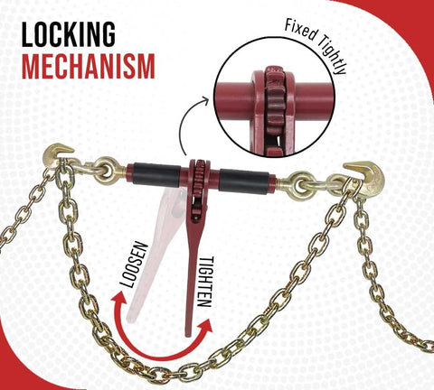 Diagram showing locking mechanism of Four Pack Ratchet Chain Binders With Rubber Grips For Flatbed Hauling, Beefy Five Sixteenths And Three Eighths Inch Chain.