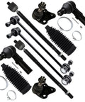 10 Piece Front Suspension Kit For Toyota Corolla 2009 To 2019 Replace Lower Ball Joints Inner And Outer Tie Rod Ends Sway Bar End Links With Boots Steering Rack Boot Included Easy Install. Black steel suspension parts laid out with boots and clamps.