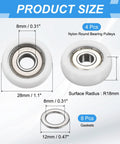 Four white nylon ball bearing guide pulleys with sealed bearings (8x28x13 mm) and eight gaskets