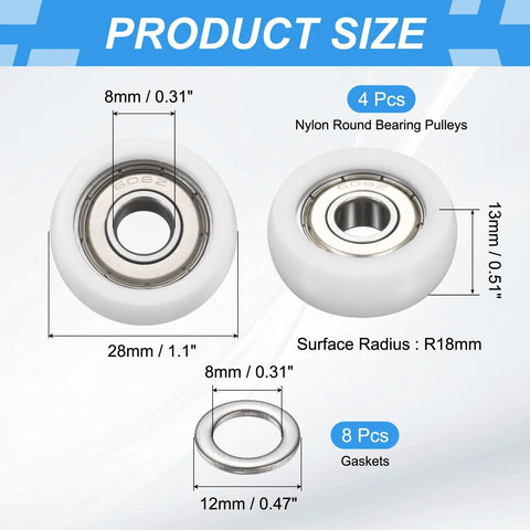 Four white nylon ball bearing guide pulleys with sealed bearings (8x28x13 mm) and eight gaskets