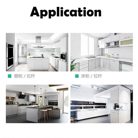 Various modern kitchen designs showcasing the use of stainless steel cabinet lid lift up support hinge strut for cupboard doors.
