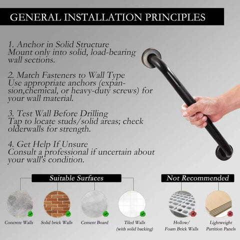 General installation principles for Built Tough Sixteen Inch Oil Rubbed Bronze Shower Grab Bar Wall Mounted Rustproof Stainless Steel Bathroom Safety Rail.