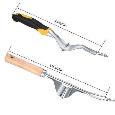 Twin Pack Hand Weeder Tools Kit With V-Shaped Forks Stainless Steel Manual Weed Puller Set ergonomic handles and measurements