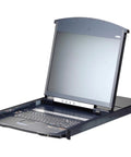 Top Tier 16 Port Cat5 Kvm Over Ip Switch With Integrated Lcd Display and Dual Rack Rails with keyboard in open position.