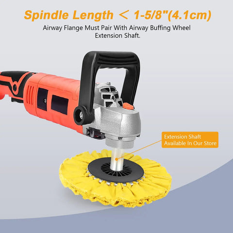 4 Inch Airway Buffing Wheel Flange Kit With Five Eighths Inch Arbor Hole Extension Shaft attached to a polisher machine