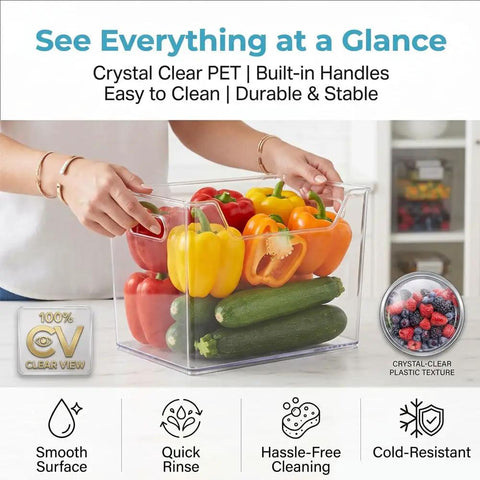 Person holding a Crystal Clear Freezer Storage Bin filled with colorful vegetables, showing built-in handles and clear view.