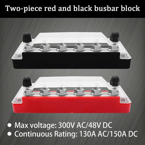 Red And Black Power Distribution Terminal Block With Cover Six One Quarter Inch M6 Posts Twelve Volt Battery Bus Bar