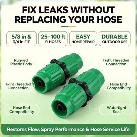 Fix Your Garden Hose Quick With Expandable Repair Kit For 5/8 And 3/4 Inch Water Lines, Dual Channel Green Plastic Connectors For Fast Fixing Long Lasting Yard Systems From 25 To 100 Feet Of Hosing.