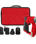 Slick Brushless Drill Driver With Four Versatile Heads Compatible With Milwaukee M12 Tools, red and black, with carrying case and attachments.