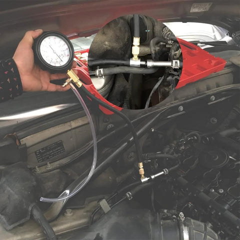 Fuel pressure tester kit with 0-140 PSI gauge, hoses and adapters for gasoline car engines