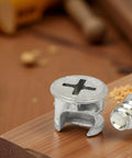 Heavy Duty Self Tapping Furniture Cabinet Connector Kit featuring zinc plated cam lock and precision steel dowel on wood.