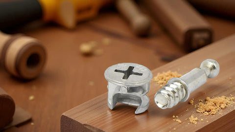 Heavy Duty Self Tapping Furniture Cabinet Connector Kit featuring zinc plated cam lock and precision steel dowel on wood.