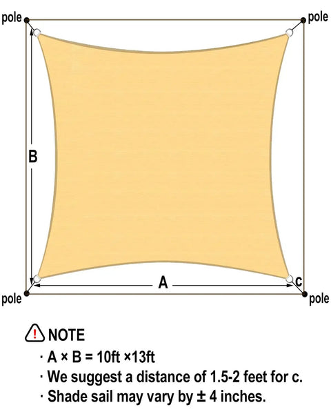 Diagram of Rectangle Sun Shade Sail 10 By 13 Permeable Canopy Yellow Outdoor Shade for Patio Garden Backyard Deck with size details.