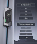 Ready For Tesla Level 1 And Level 2 Portable EV Charger display showing adjustable current and time settings