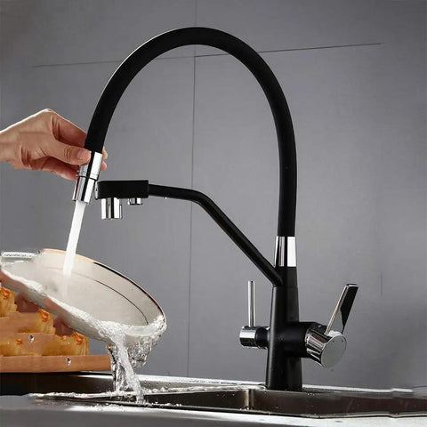 GAZOGJ 3-Way Kitchen Faucet with 360°Rotatable Shower Head, black finish, water flowing from sprayer, modern kitchen design.