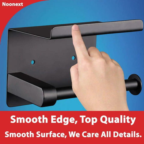 Close-up of hand touching Adhesive Stainless Steel Toilet Paper Holder With Shelf No Drilling Matte Black Mega Roll Dispenser