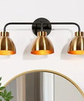3 Light Vanity Bathroom Fixture With Electroplated Brass Shades And Matte Black Accents In Black And Gold Finish Modern Vintage Vibe For Over Mirror