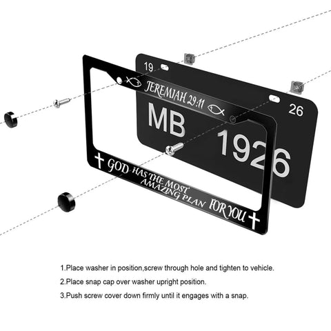Exploded view of custom license plate frame Jeremiah 29 11 God Has The Most Amazing Plan For You, showing installation parts.