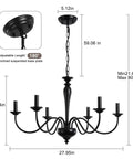 Black 6 Light Farmhouse Chandelier With Rustic Industrial Vibe, Height Adjustable Pendant Lighting dimensions diagram