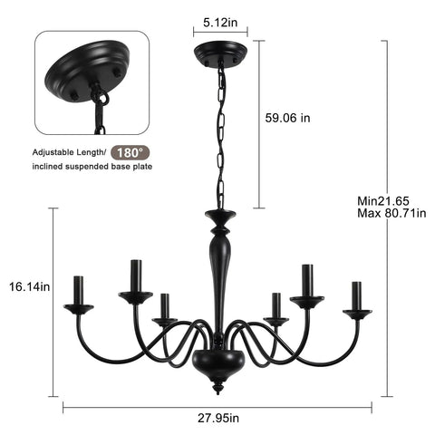 Large 28 Inch Farmhouse Chandelier With Six Matte Black Candle Sockets Iron Scroll Arms For Dining Room Kitchen Island And Foyer Sloped Ceiling Compatible Modern Farmhouse Pendant Light