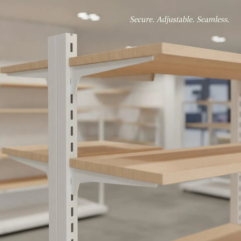 Adjustable Metal Shelf Bracket For Retail Displays And Modular Shelving Fits Standard AA Pillar Slots in a store setting
