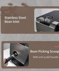 Close-up of the Electric Coffee Bean Roaster's stainless steel bean inlet and bean picking scoop with anti-scald handle.