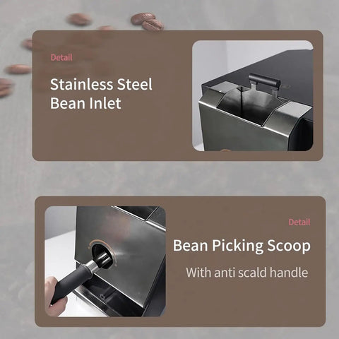 Close-up of the Electric Coffee Bean Roaster's stainless steel bean inlet and bean picking scoop with anti-scald handle.