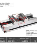 Detailed image of Heavy Duty 4 Inch Self Centering Bench Vise Featuring Concentric Parallel Jaws, dimensions and specifications shown.