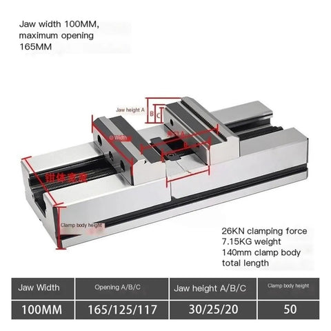 Detailed image of Heavy Duty 4 Inch Self Centering Bench Vise Featuring Concentric Parallel Jaws, dimensions and specifications shown.