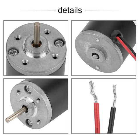 Close-up view of Heavy Duty 24 Volt DC Brush Motor with metal gears, showing shaft, connector, and wire details.