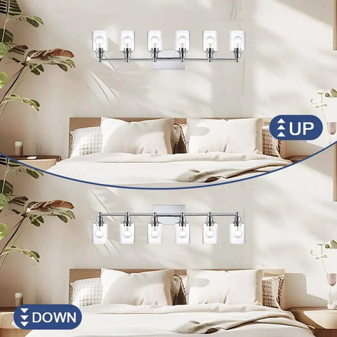 Dope Three Light Vanity Fixture In Brushed Nickel Finish With Clear Glass Cylinder Shades for over mirror lighting in bedroom.
