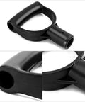 Close-up of a black D-grip handle for a Plastic Spade Shovel With D Grip Handle 1 Inch Polypropylene Shovel Handle For Digging And Raking Durable Ergonomic Grip Easy Install Built For Yard Work And Outdoor Cleanup.