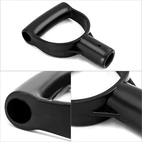 Close-up of a black D-grip handle for a Plastic Spade Shovel With D Grip Handle 1 Inch Polypropylene Shovel Handle For Digging And Raking Durable Ergonomic Grip Easy Install Built For Yard Work And Outdoor Cleanup.