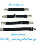 Adjustable Bed Sheet Fasteners 4 Pack With Elastic Straps And Clips in black, showing sizes 17.5cm to 26cm with chrome clips.