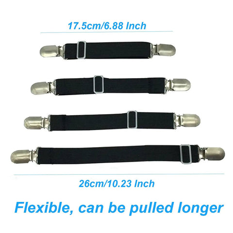 Adjustable Bed Sheet Fasteners 4 Pack With Elastic Straps And Clips in black, showing sizes 17.5cm to 26cm with chrome clips.