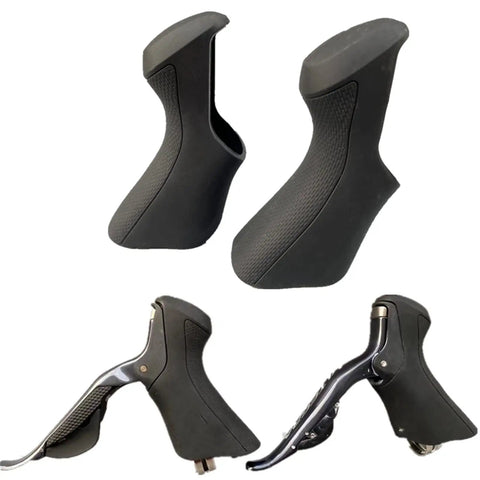 Silicone Brake Lever Hood Covers For Ultegra ST-6870 Road Bike Shifters, showing black pair with textured grip and shifters installed.