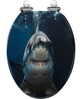 Resin Toilet Seat Decor for Elongated Toilet featuring shark design on 14.5" x 18.5" seat surface.