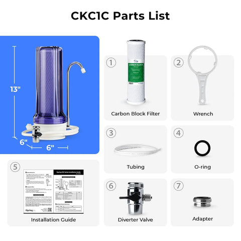 Countertop Water Filter System With Carbon Block Cartridge, See Through Housing For Easy Filter Checks, 2.5 By 10 Inch Size parts list