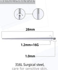 Diagram of a 16G Straight Piercing Taper Insertion Pin Set for Internally Threaded Nose Septum Lip Rings, showing dimensions.