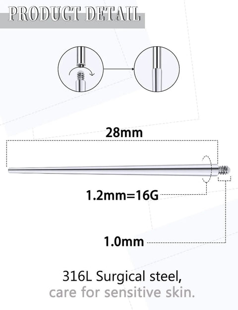 Diagram of a 16G Straight Piercing Taper Insertion Pin Set for Internally Threaded Nose Septum Lip Rings, showing dimensions.