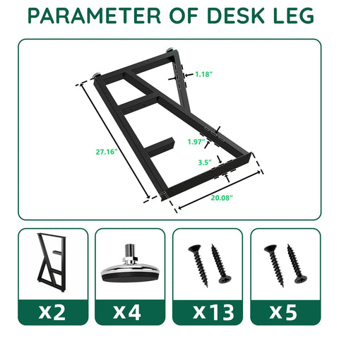 Dimensions and components of K Shape Beefy Heavy Duty Metal Table Legs Set Of 2, 28 Inches High, Black Iron with adjustable foot pads.