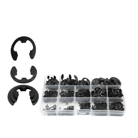 Black Carbon Steel E Clip Assortment Kit With 395 Or 810 Pieces M1.2 To M15 External Retaining Clips in organizer box