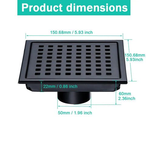Refresh Your Shower Game With This Six Inch Square Floor Drain In Sleek Matte Black Featuring Burly 304 Stainless Steel Grid And Lightning Fast Two Inch High Flow Outlet Setup, product dimensions displayed.