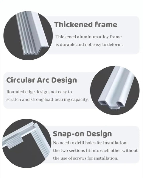 Detailed view of Thickened Tile Access Panel features: durable aluminum frame, circular arc design, and snap-on installation.