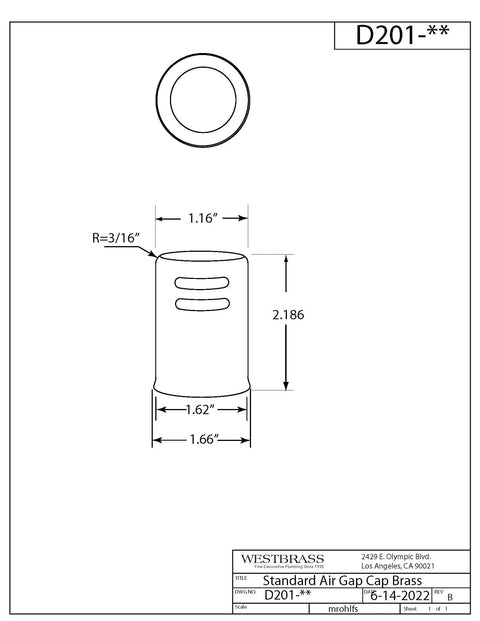 Technical drawing of Solid Brass Air Gap Cap Only For Dishwasher 1-5/8 Inch Diameter 2-1/4 Inch Height Matte Black Finish Non Skirted