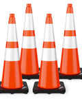 4 Pack 28 Inch Traffic Cones With Black Weighted Base For Traffic Control At Construction Sites And Parking Lots Orange PVC Cones With Reflective Collars For High Visibility And Weatherproof Durability