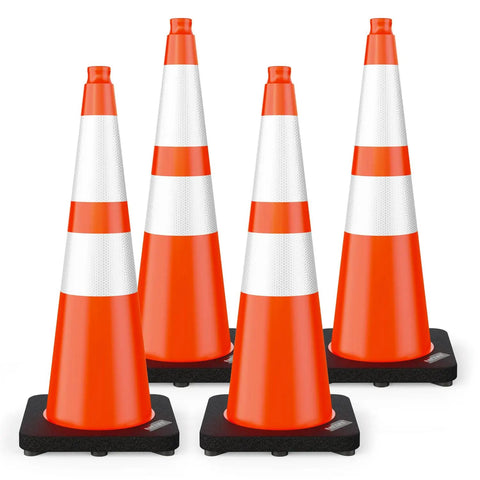 4 Pack 28 Inch Traffic Cones With Black Weighted Base For Traffic Control At Construction Sites And Parking Lots Orange PVC Cones With Reflective Collars For High Visibility And Weatherproof Durability