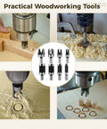 Premium Eight Piece Wood Plug Cutter Set Featuring Four Straight And Tapered Cork Drill Bits Heavy Duty Carbon Steel Gear being used in woodworking.