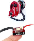 Red Micro Brushless Upgrade Kit for Axial SCX24 with MicroPython ESC and CNC Aluminum Transmission shown on white background.