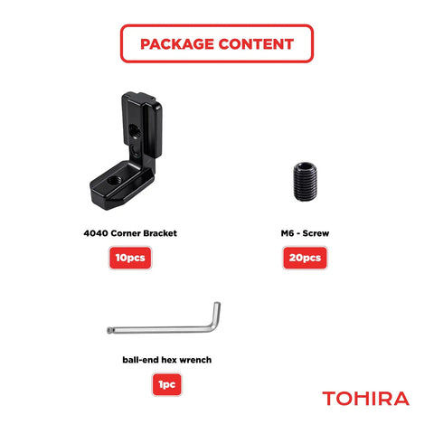 Inside Corner Brackets For 40 Series 8mm T Slot Aluminum Profiles 10 Sets Black Ball End Hex Wrench Included For No Hassle Secure CNC And Robotics Frame Builds package content showing corner bracket, screws, and wrench